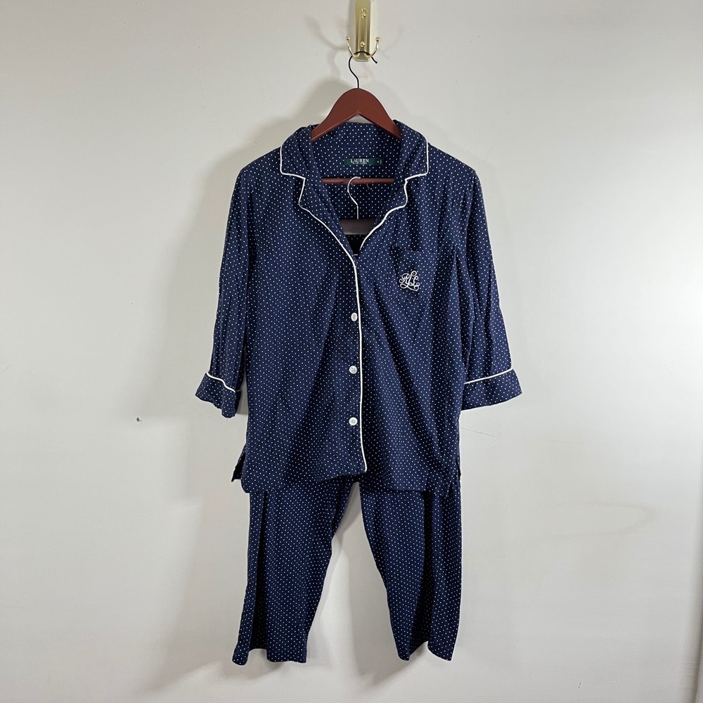 Lauren Ralph‎ Lauren Polka Dot Pajama Set Navy White Cotton Capri Pants Medium